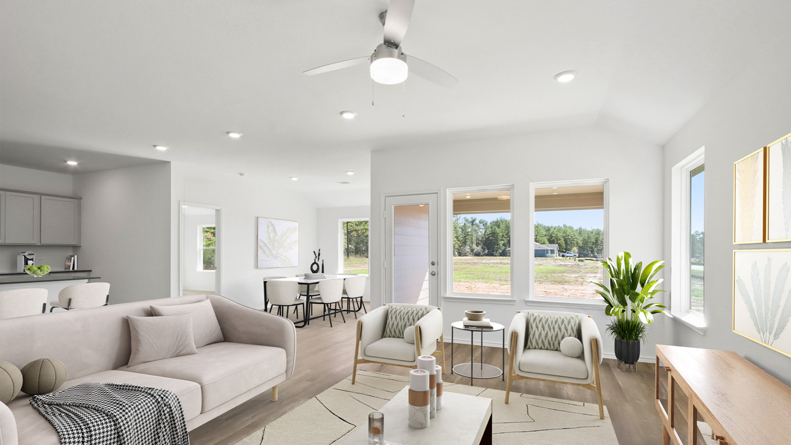 Open concept living, dining, and kitchen area