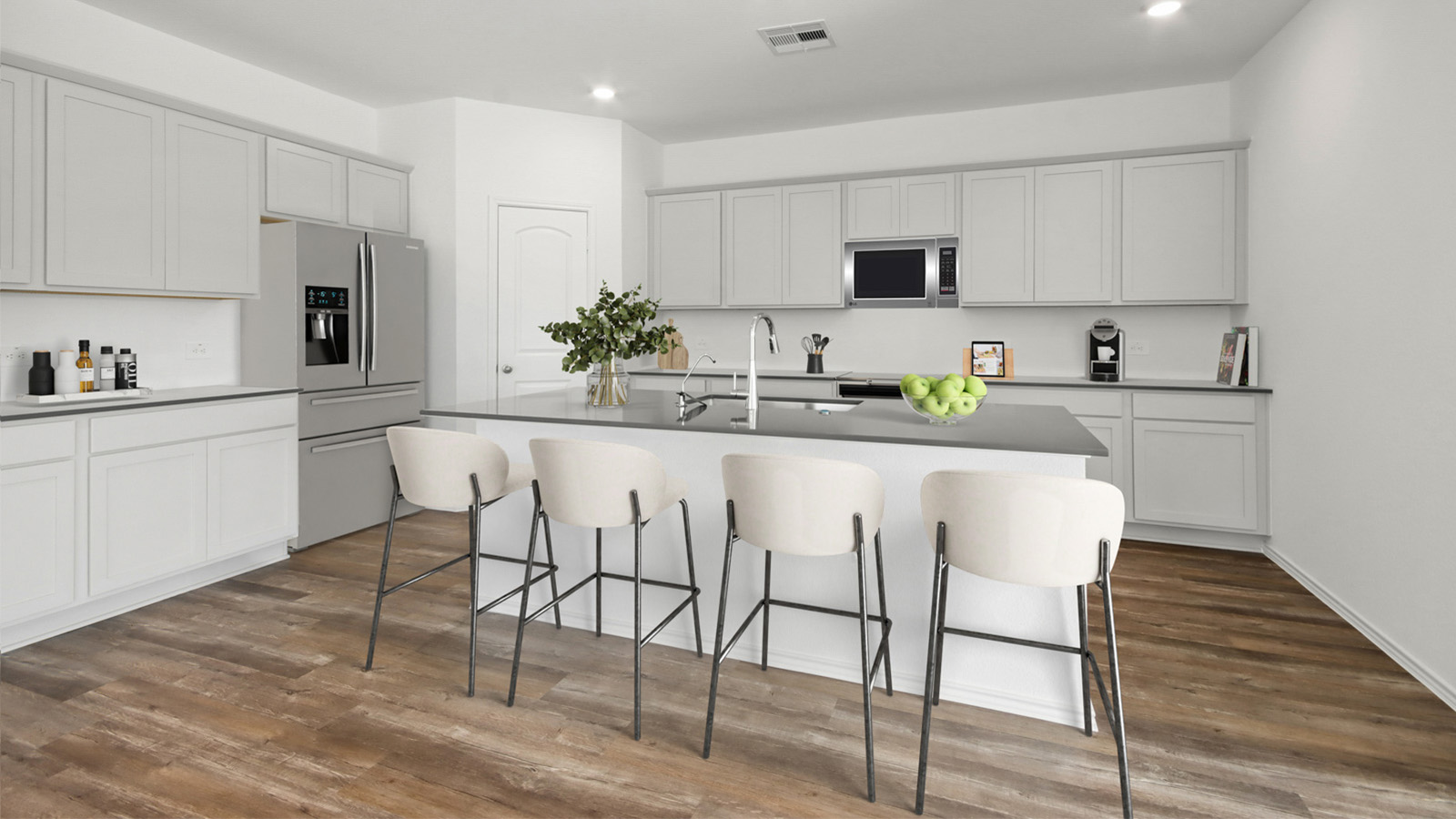 L- shaped kitchen with an island