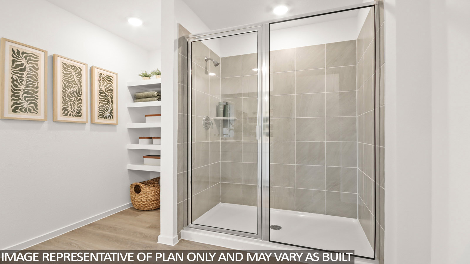 Primary bathroom with shower and linen storage