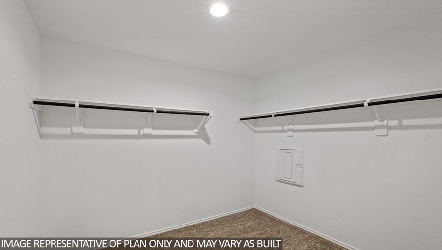 Primary walk-in closet with carpet flooring and overhead storage space.