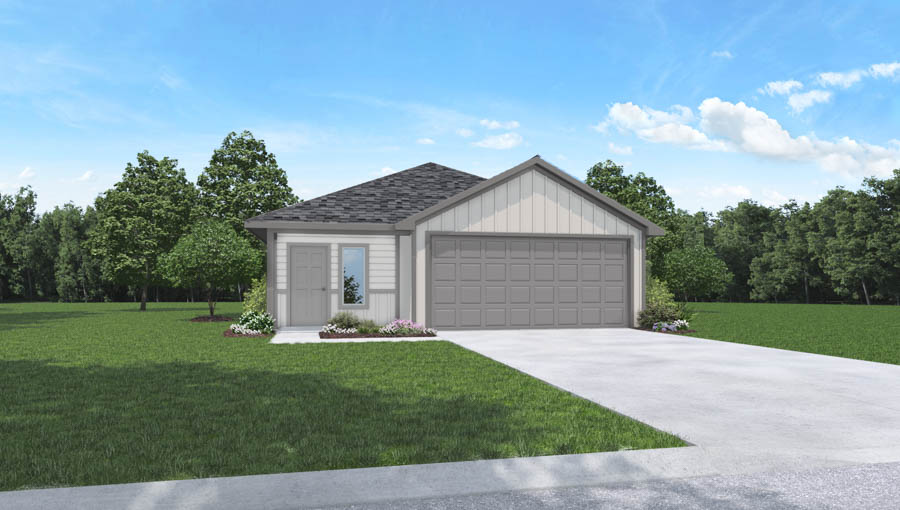 Single-story house rendering with two-car garage.