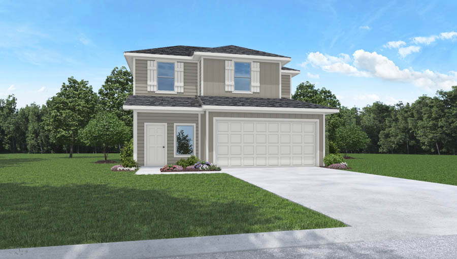 Two-story house rendering with two-car garage.
