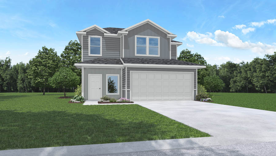 Two-story house rendering with two-car garage.
