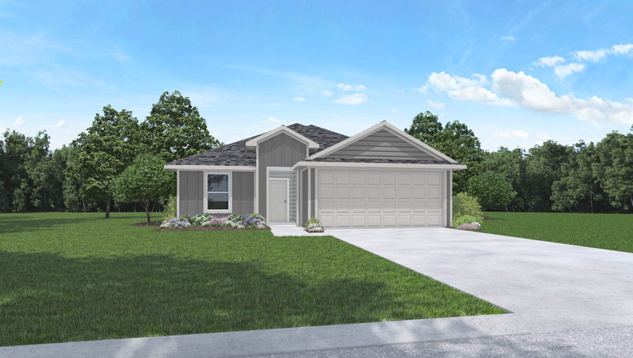 Single-story house rendering with two-car garage.