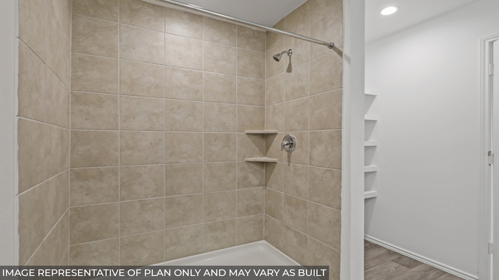 Primary bathroom with shower and linen storage