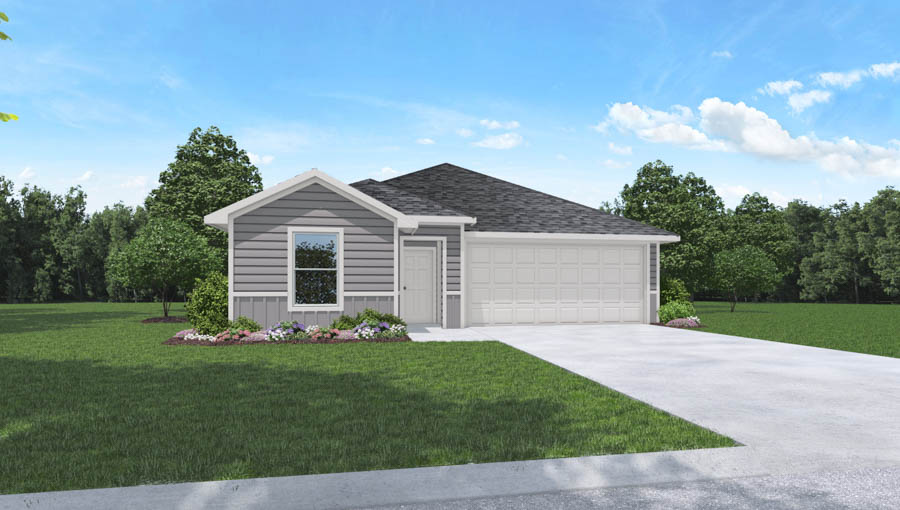 Single-story house rendering with two-car garage.