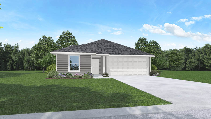 Single-story house rendering with two-car garage.