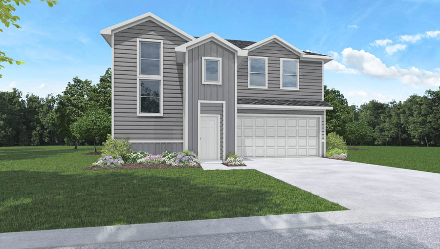 Two-story house rendering with two-car garage.