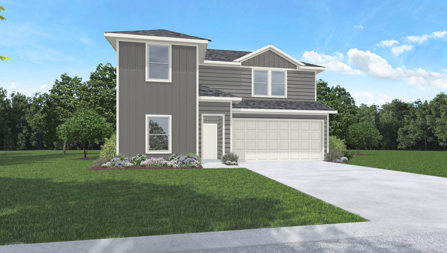 Two-story house rendering with two-car garage.