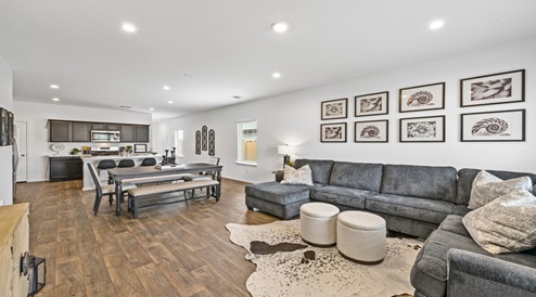 Open living room to kitchen and dining