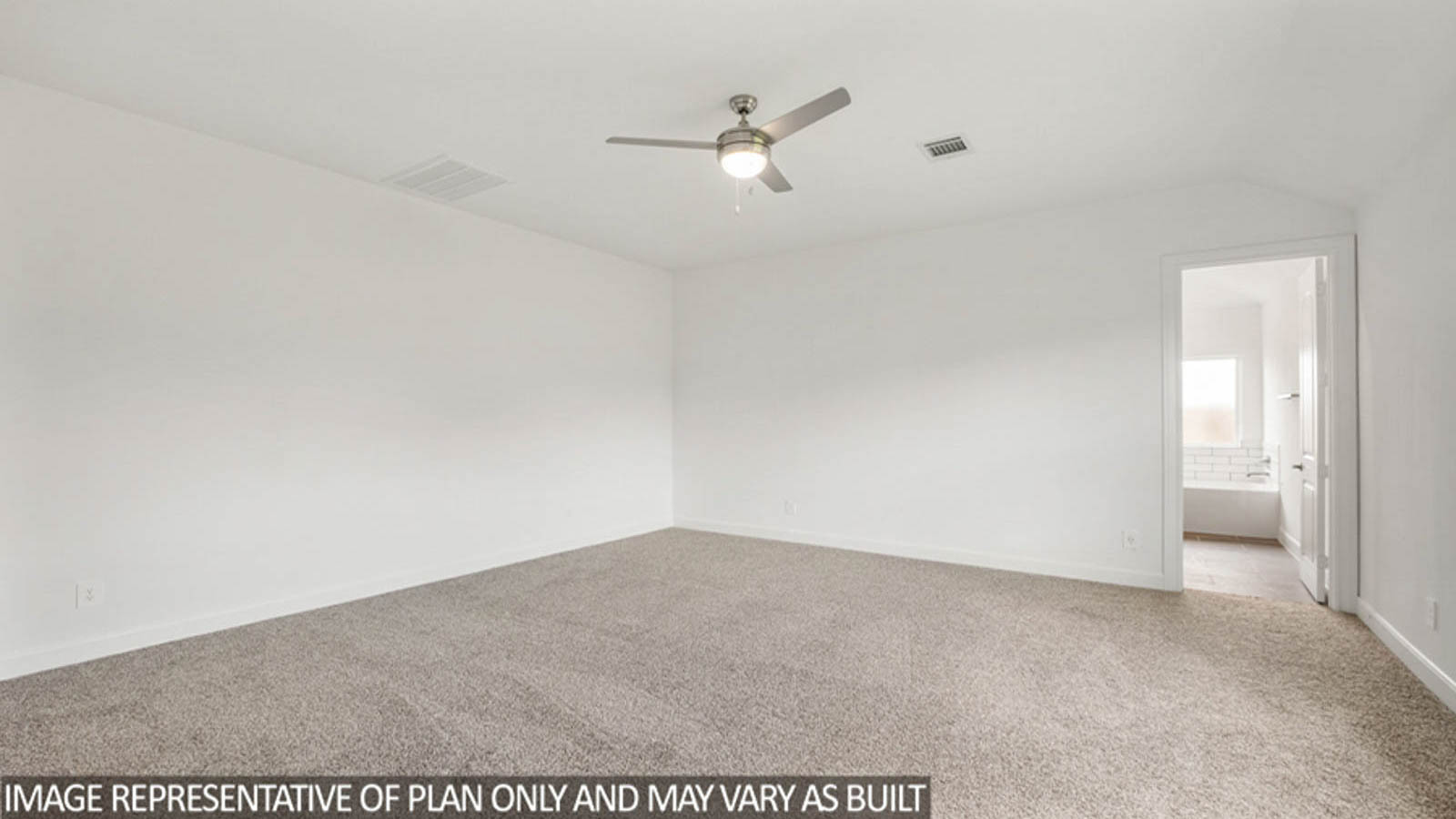 Primary bedroom with carpet flooring, a ceiling fan, and bright windows.