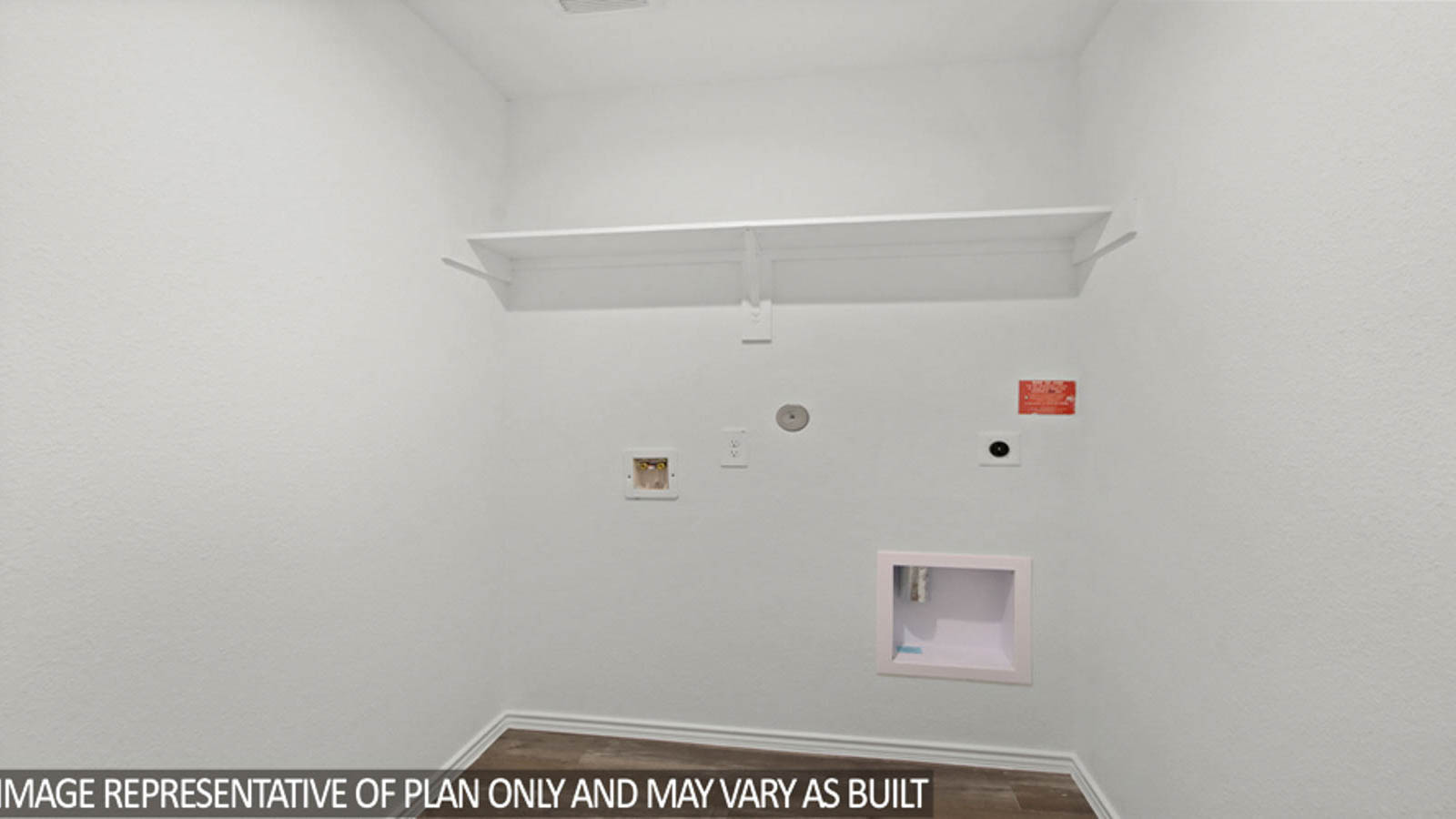 Utility room with vinyl flooring and ovehead storage space.