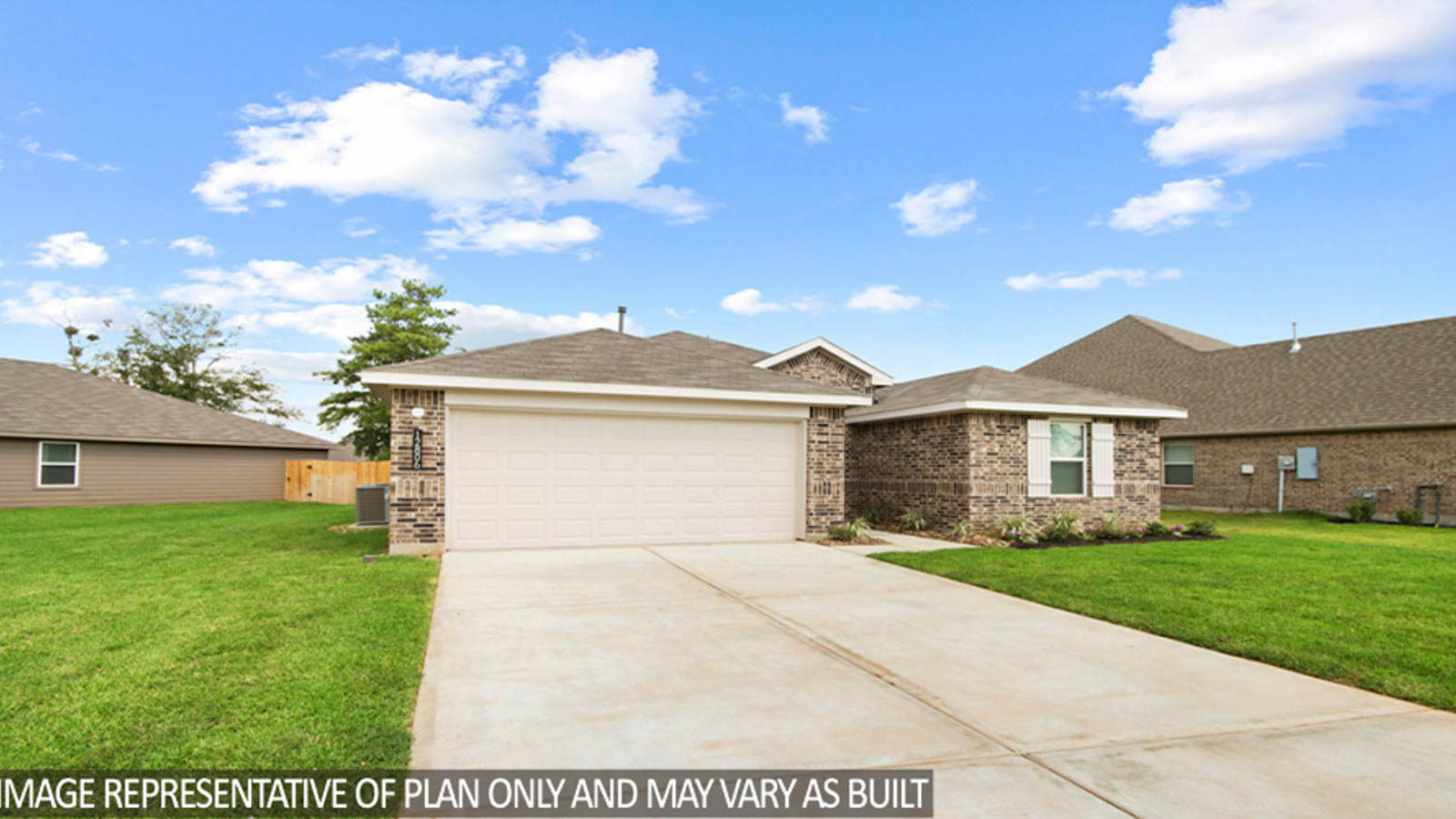 Single-story home with cream highlights and a two-car garage.