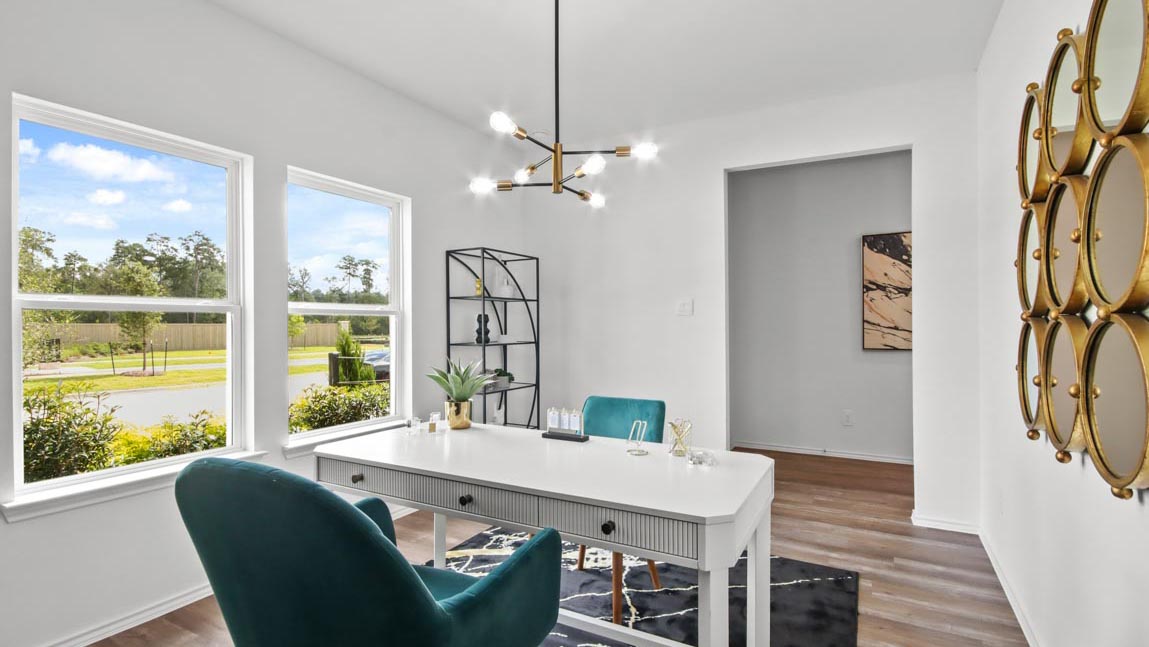 Private study with vinyl flooring, bright windows, and a spacious storage closet.