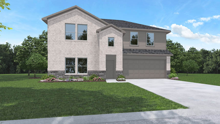 Two-story house rendering with two-car garage.