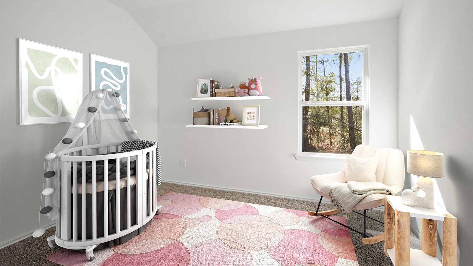 Staged secondary bedroom with carpet flooring and bright windows.