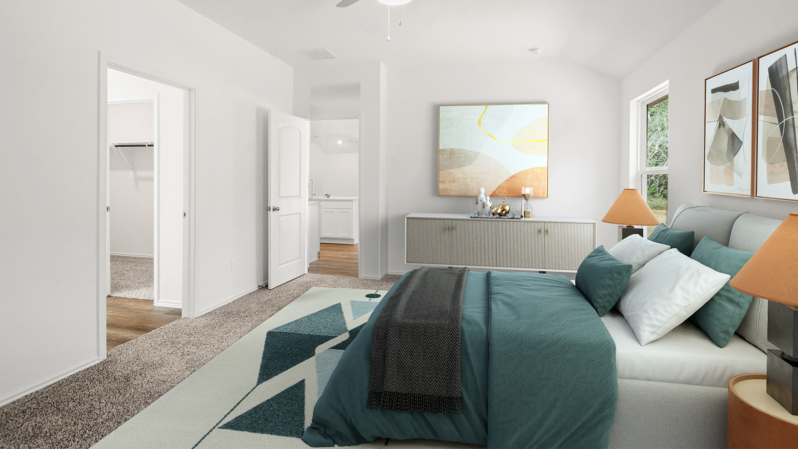 Staged primary bedroom with carpet flooring and bright windows.