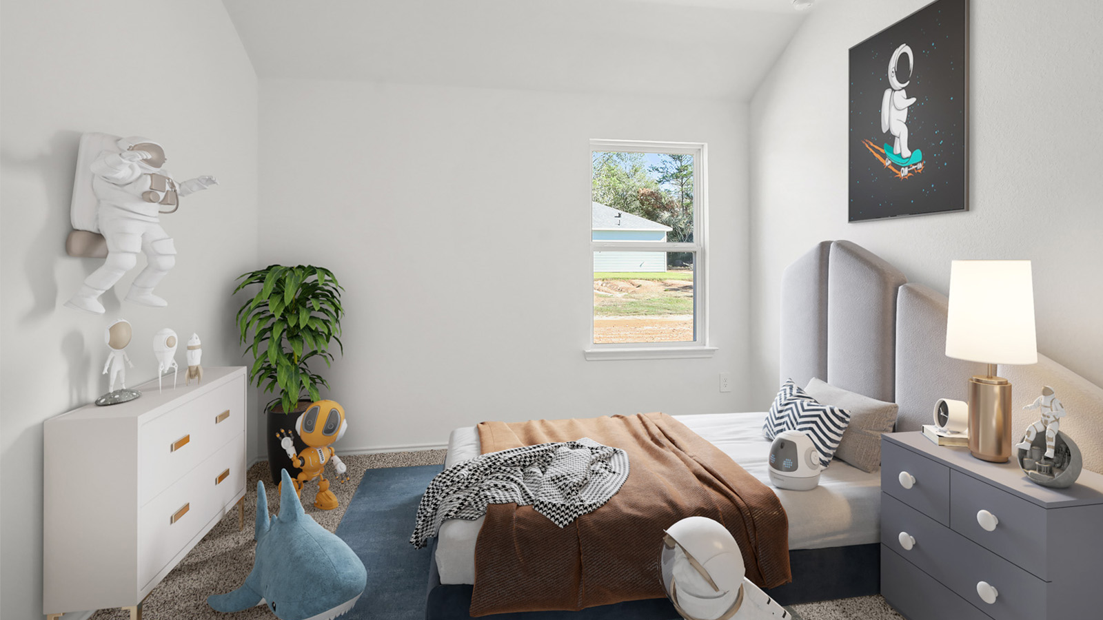 staged secondary bedroom with carpet flooring and a bright window