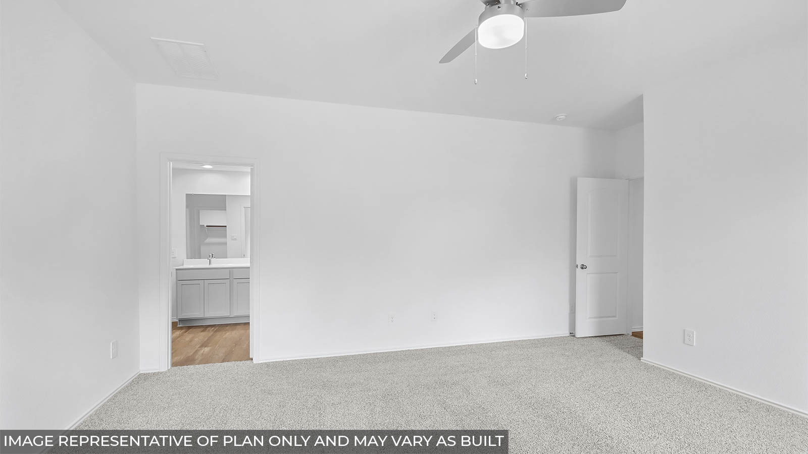 Primary bedroom with carpet flooring, a ceiling fan, and bright windows.