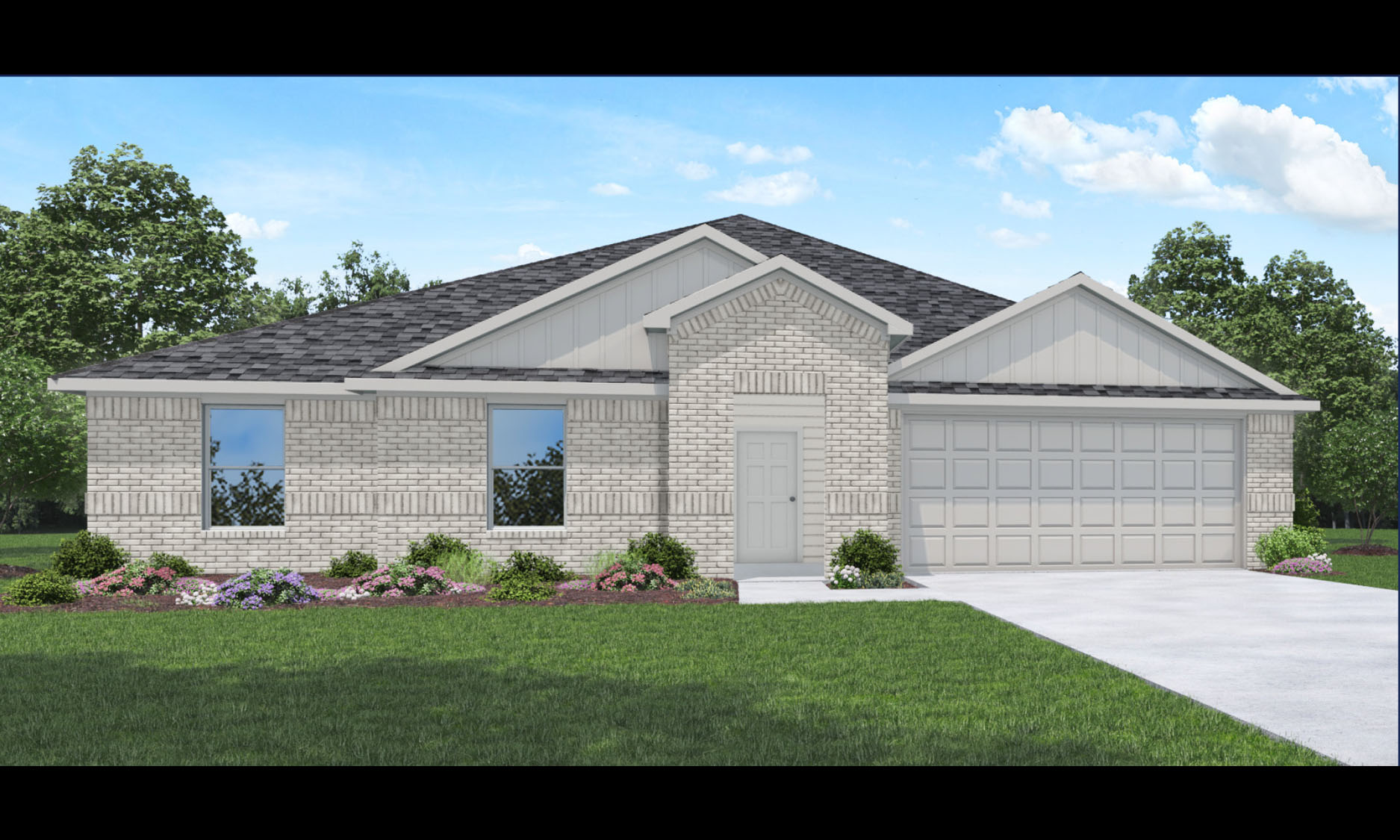 Single-story house rendering with two-car garage.