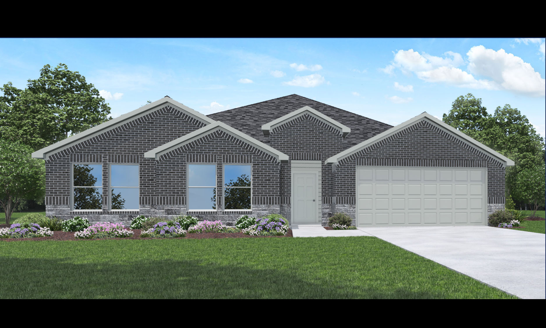 Single-story house rendering with two-car garage.