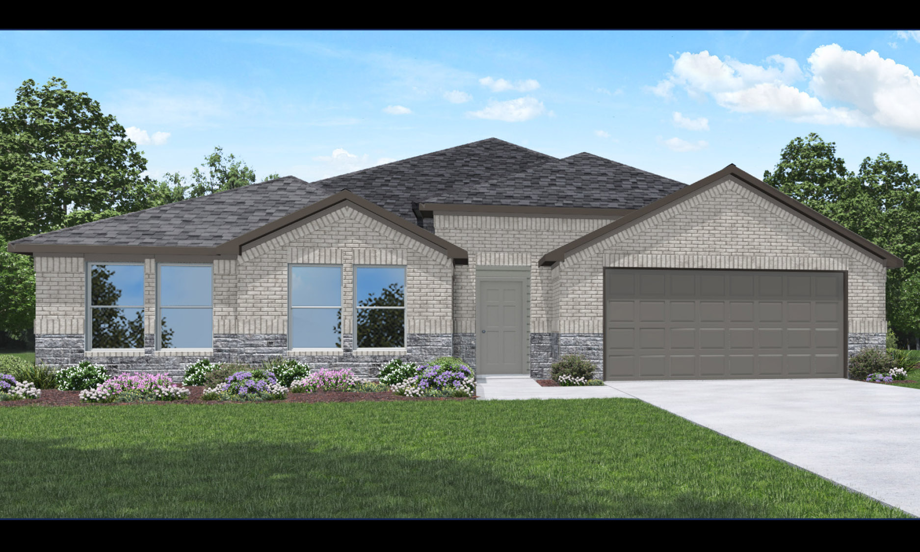 Single-story house rendering with two-car garage.