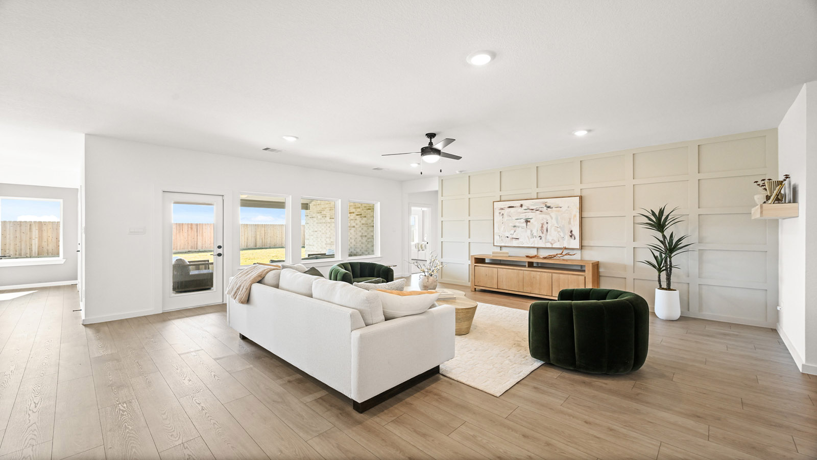 living room, kitchen, and dining