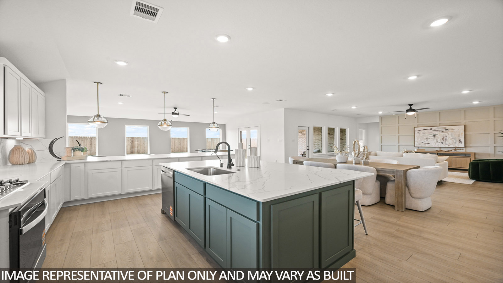 Kitchen with an island and vinyl floor