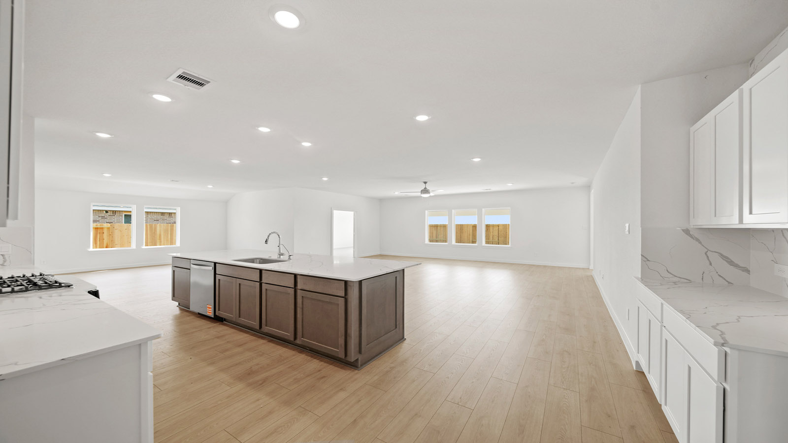 L- shaped kitchen with an island