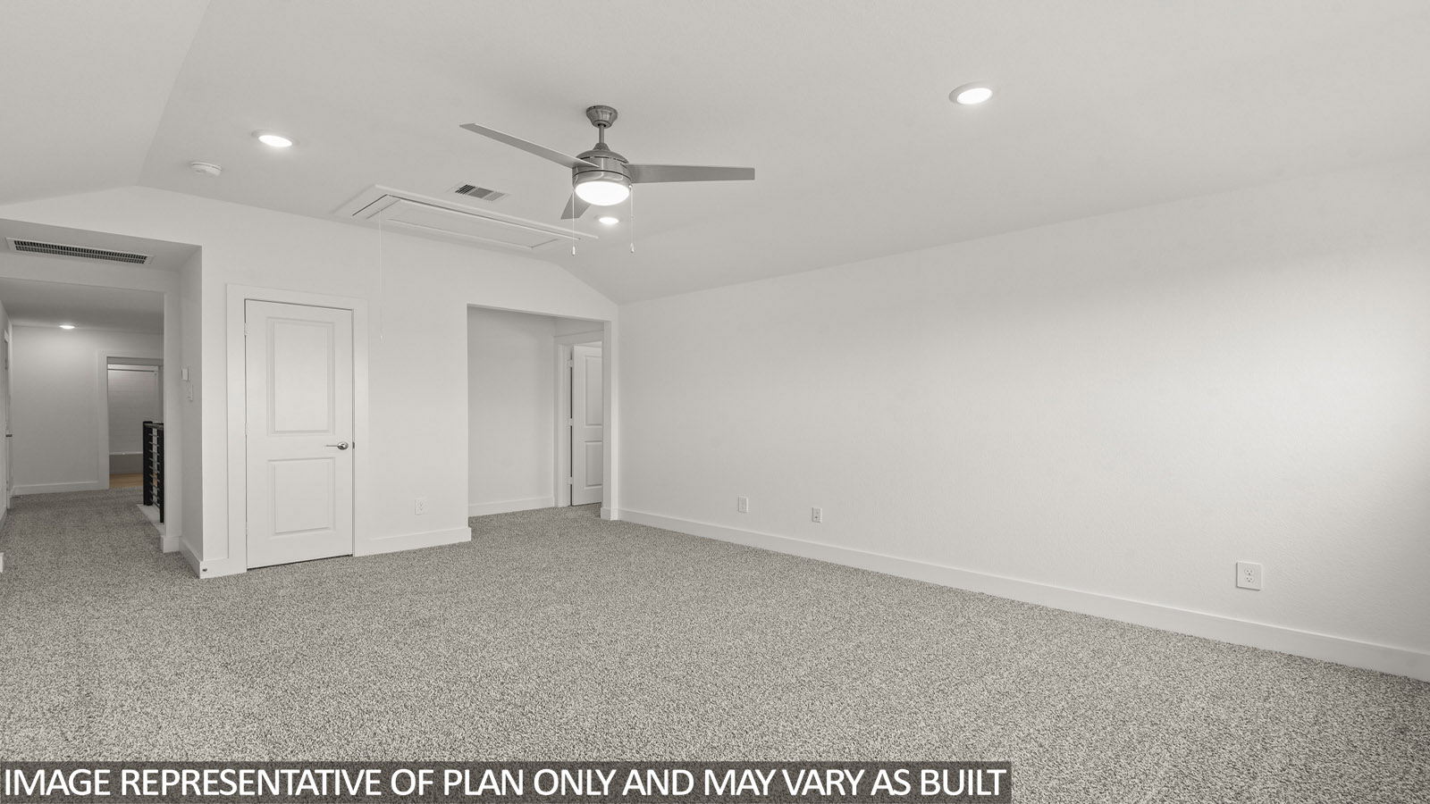 Second story game room with carpet flooring