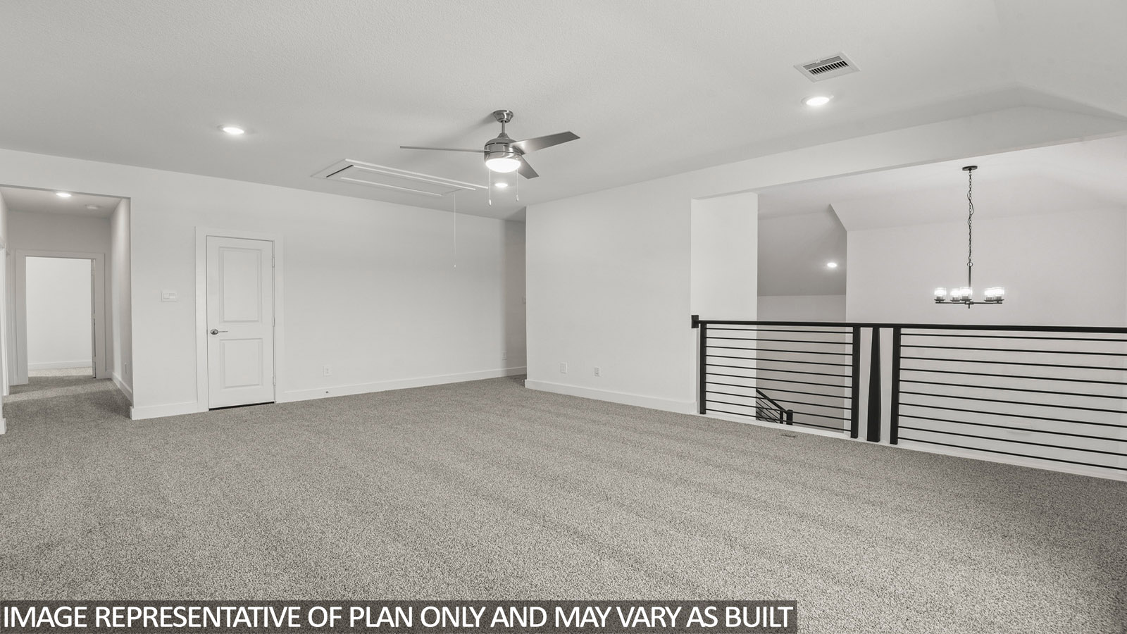 Second story game room with carpet flooring