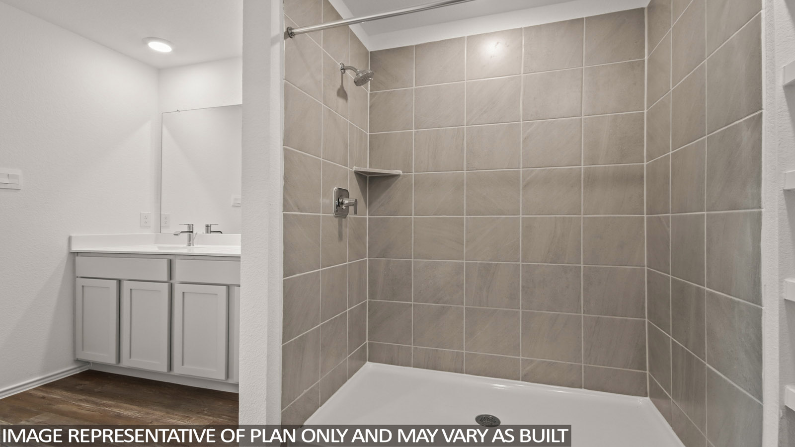 Primary bathroom with shower and linen storage
