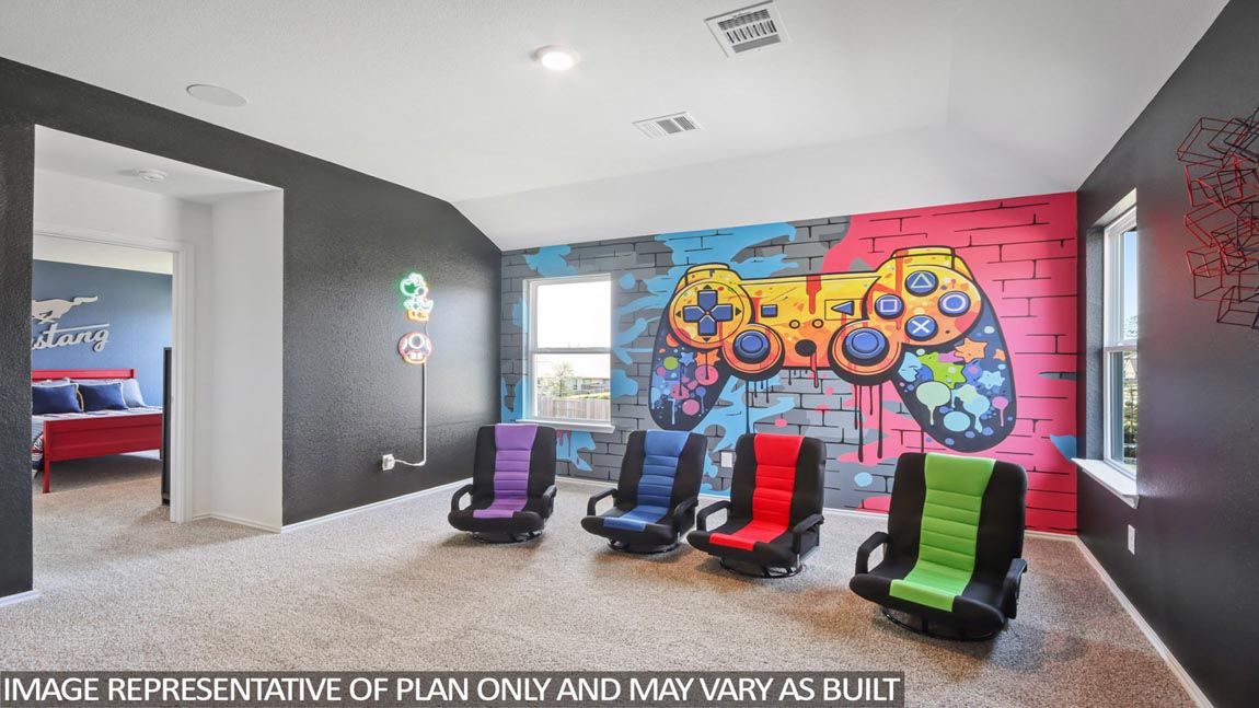 Second story game room with carpet flooring