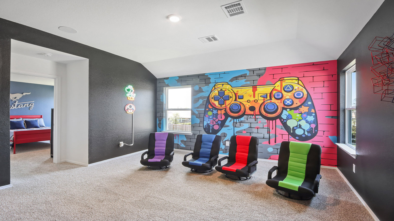 Second story game room with carpet flooring