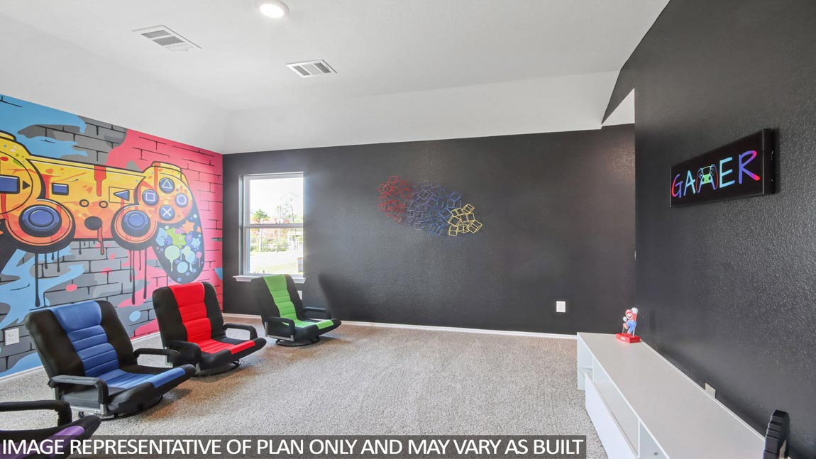 Second story game room with carpet flooring