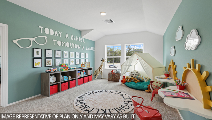Second story game room with carpet flooring