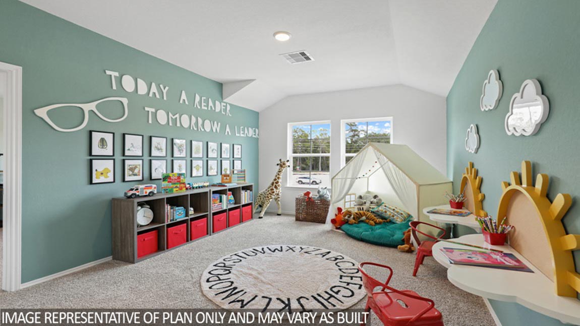 Second story game room with carpet flooring