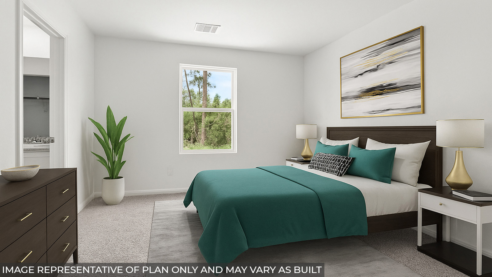 Primary bedroom with carpet flooring.