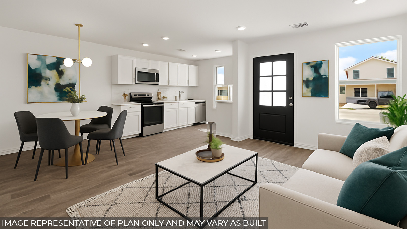 Open concept living and dining area with vinyl flooring and bright windows.