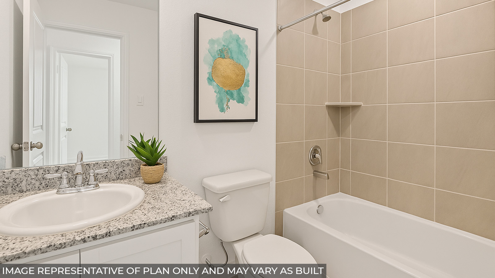 Primary bathroom standing shower and granite countertop sink.
