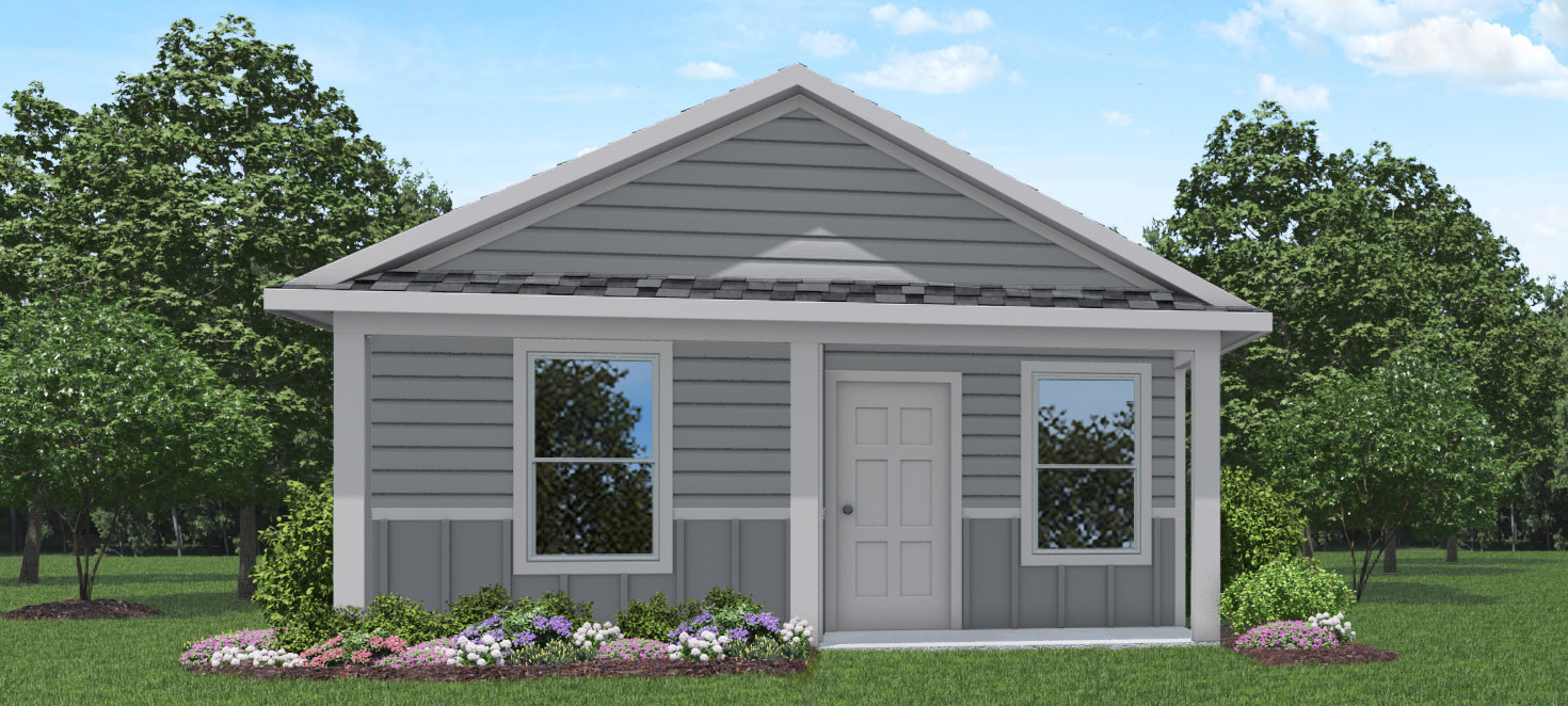 Single-story house rendering with two-car garage.