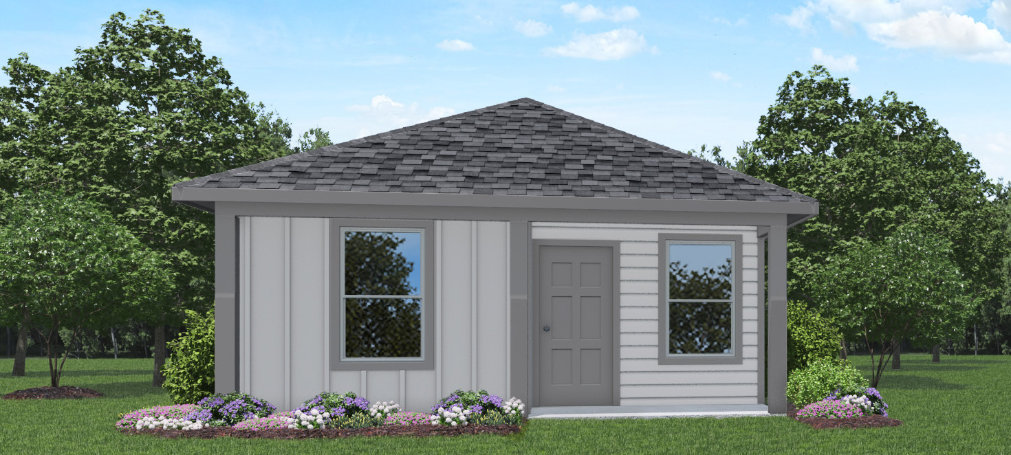 Single-story house rendering with two-car garage.