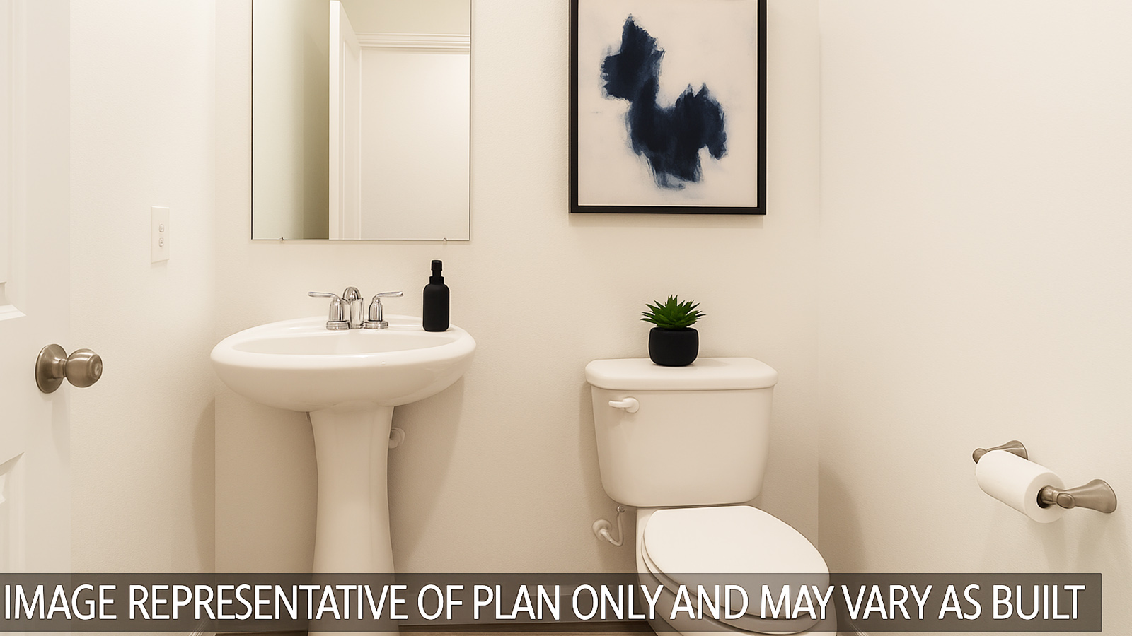 Staged powder room with vinyl flooring and a pedestal sink.