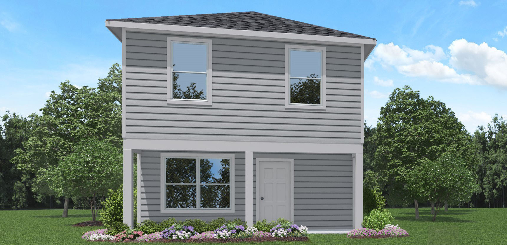Two-story house rendering with two-car garage.
