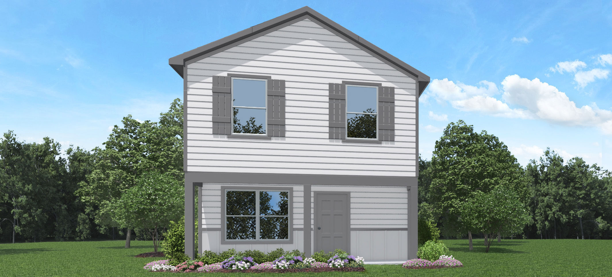 Two-story house rendering with two-car garage.