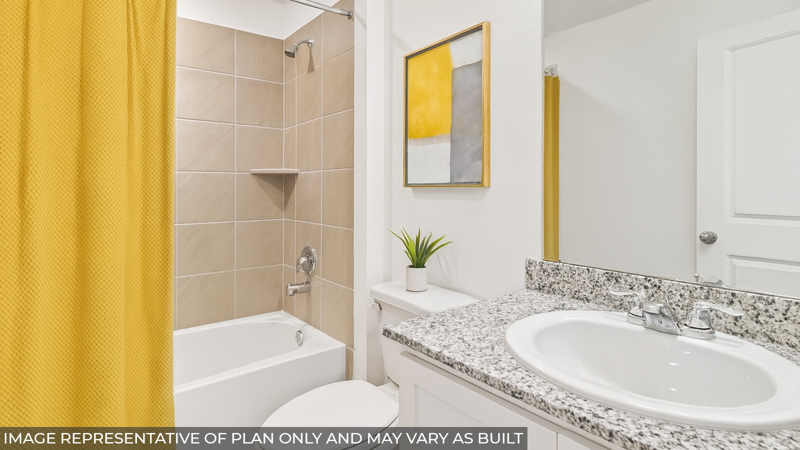 Staged secondary bathroom with a tile tub/shower combo.