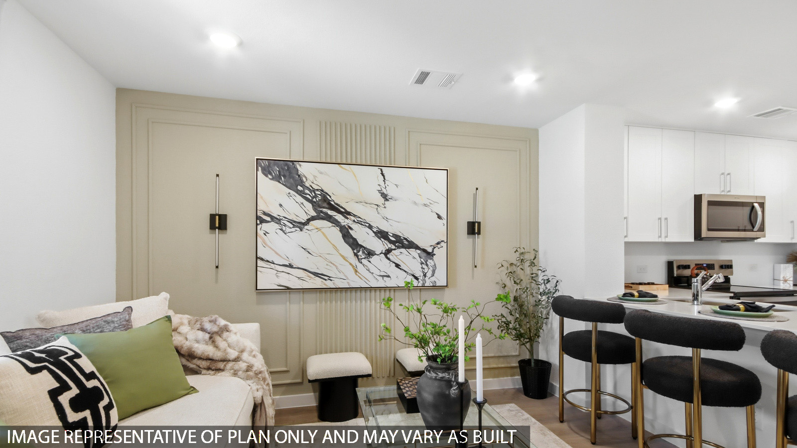 Spacious living area with vinyl flooring