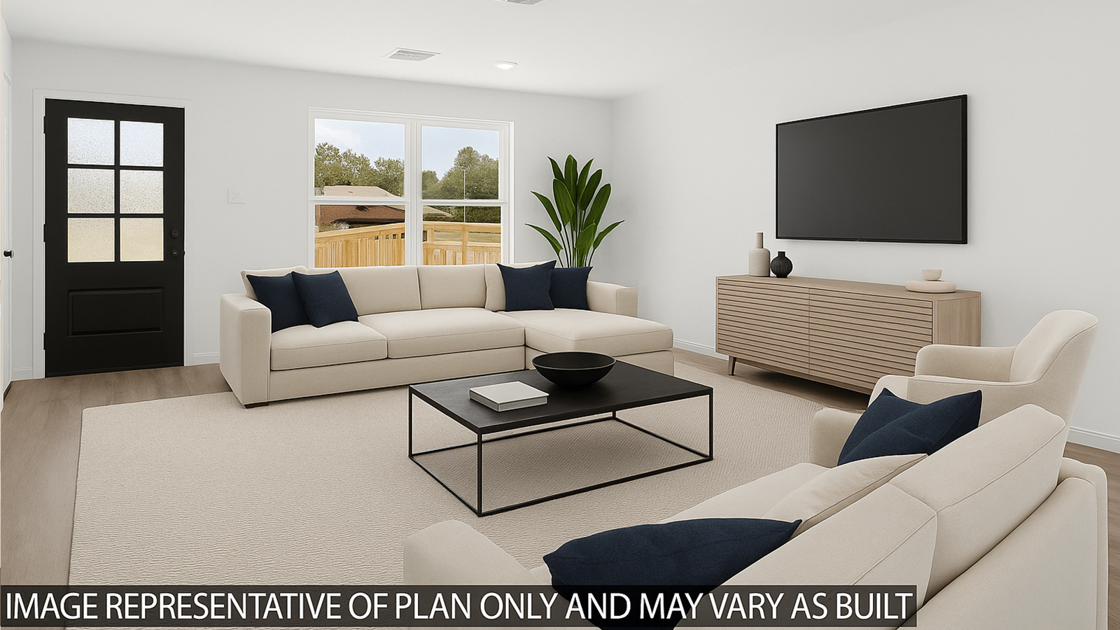 Spacious living area with vinyl flooring