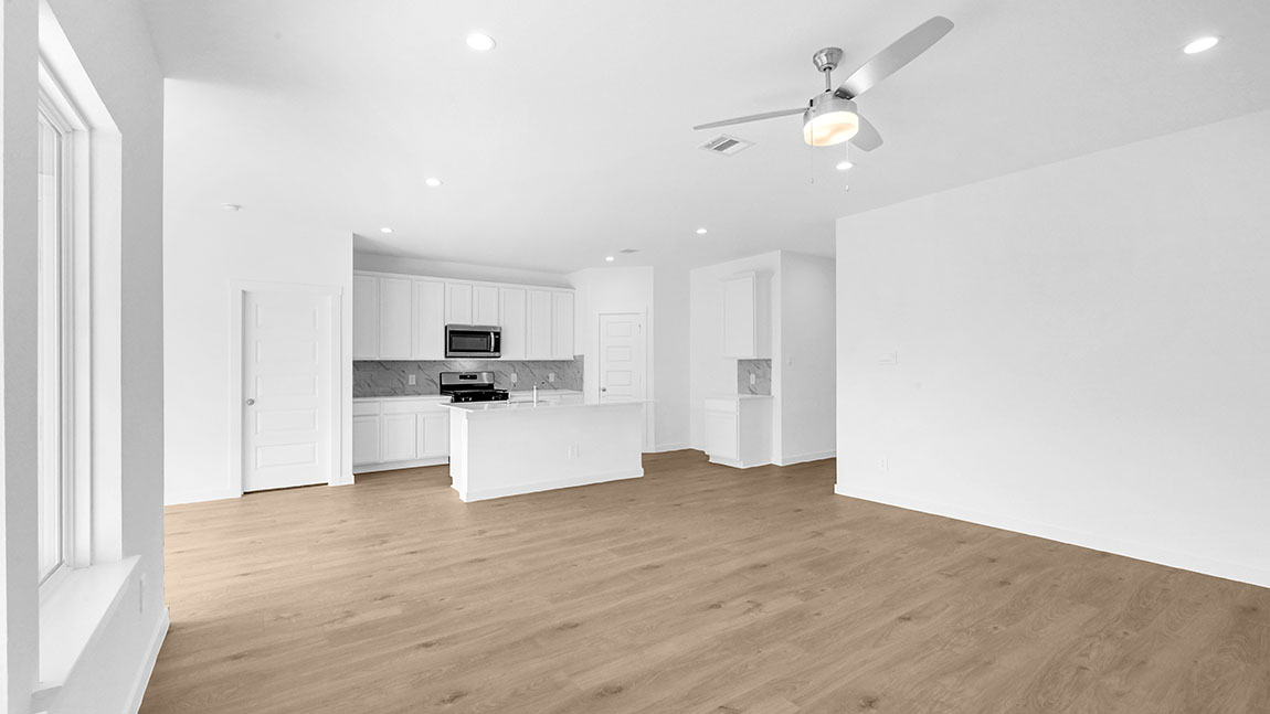 Representation of kitchen  overlooking living room