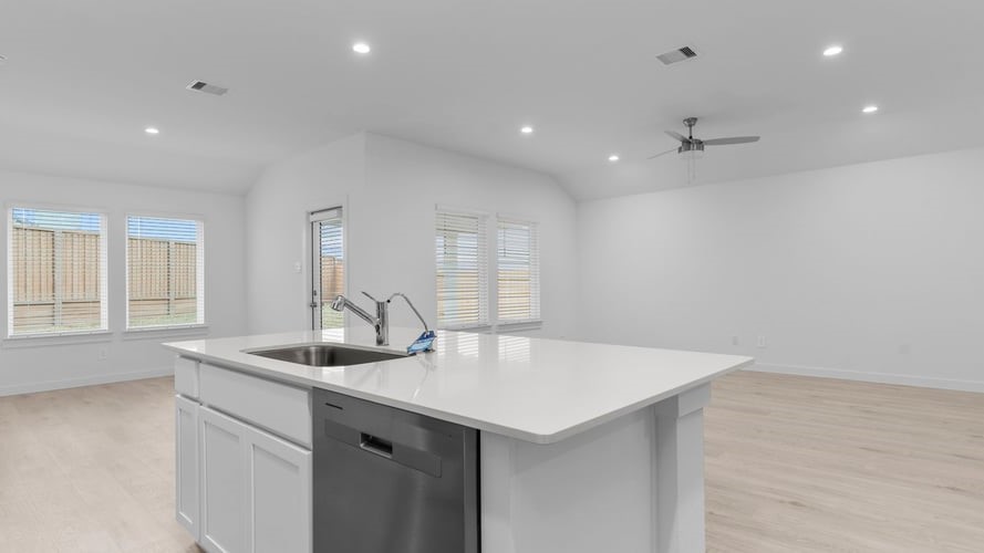 Representation of kitchen overlooking living room